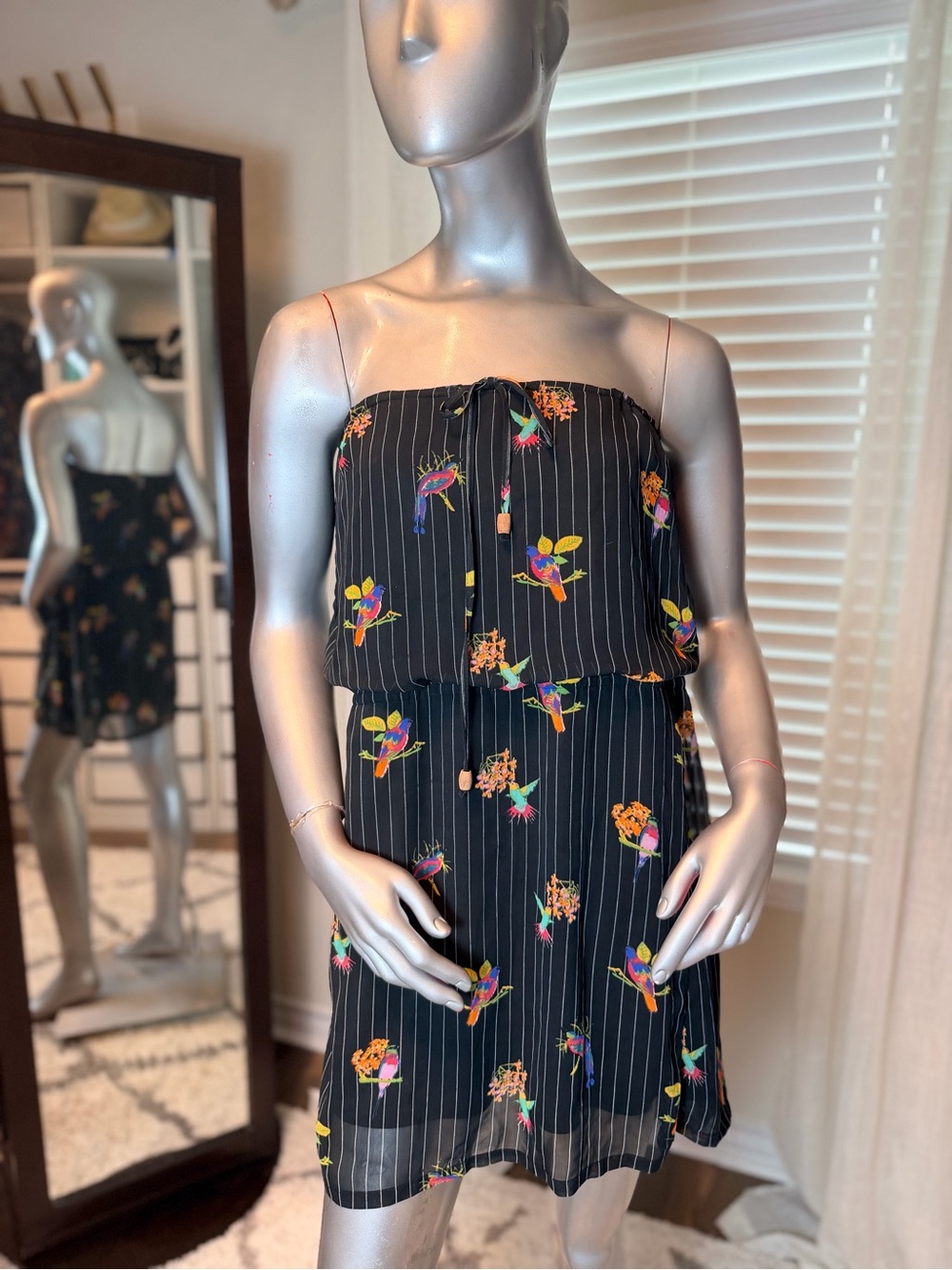 O'Neill Medium Strapless Tropical Bird Print Dress Black Pinstripe Boho Summer